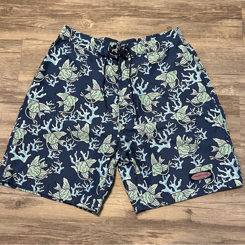 Blue and Green Tropical Board Shorts with Quick-Dry Finish